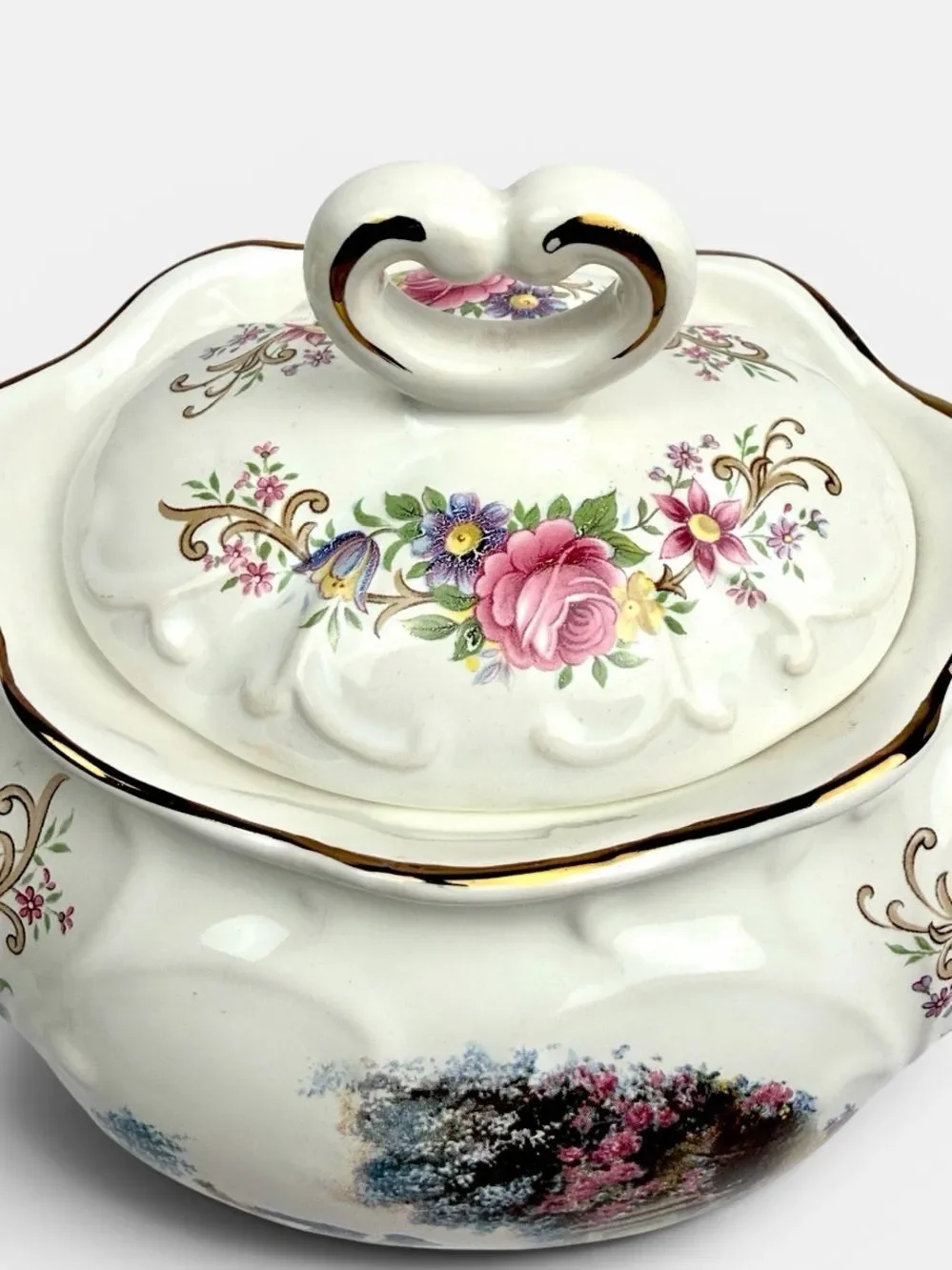 Caledonia Staffordshire England Teapot Floral Courting Scene Gold Trim 6 Cups